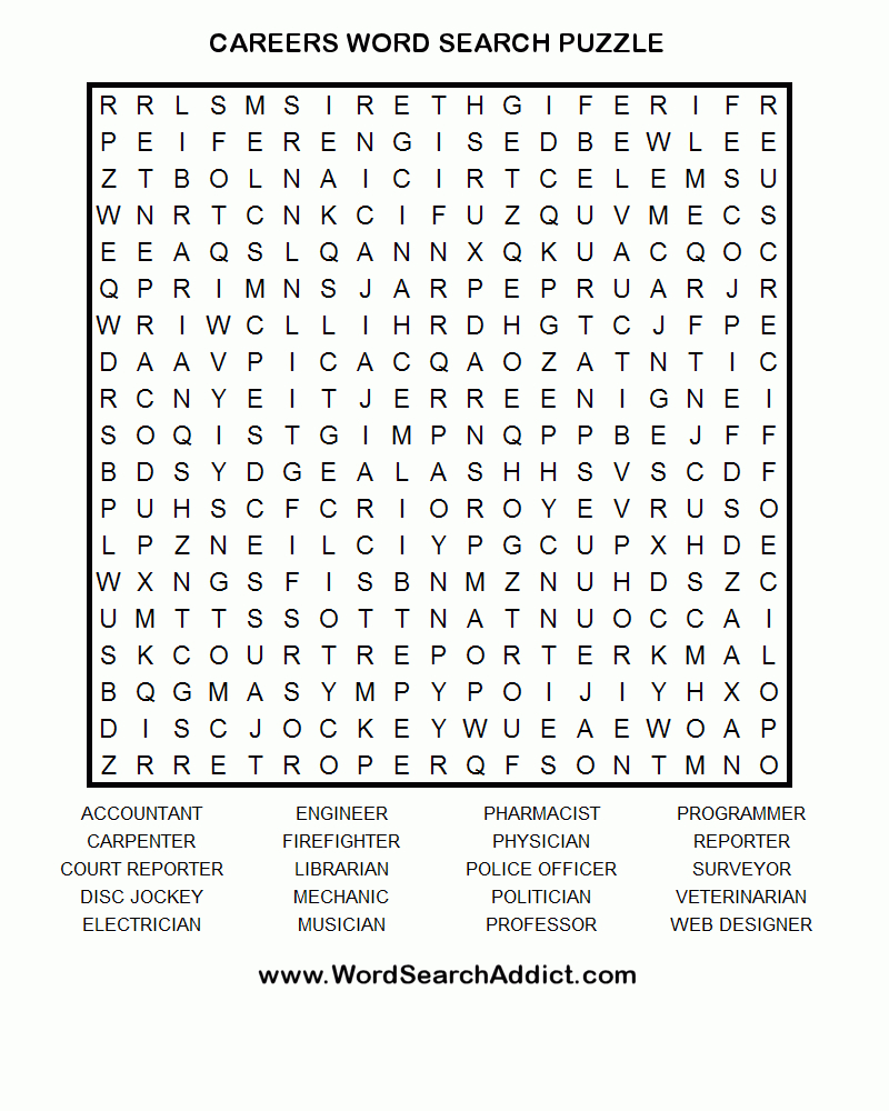 Careers Printable Word Search Puzzle - Free Printable Word Search Puzzles For High School Students