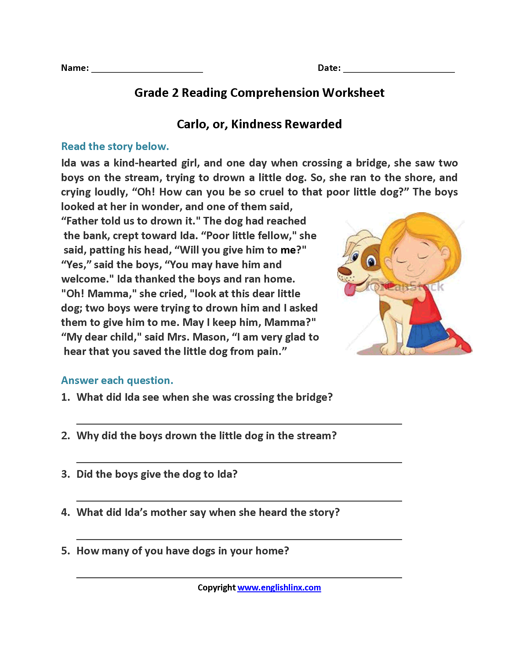 Carlo Or Kindness Rewarded Second Grade Reading Worksheets | Reading - Free Printable Reading Passages For 3Rd Grade