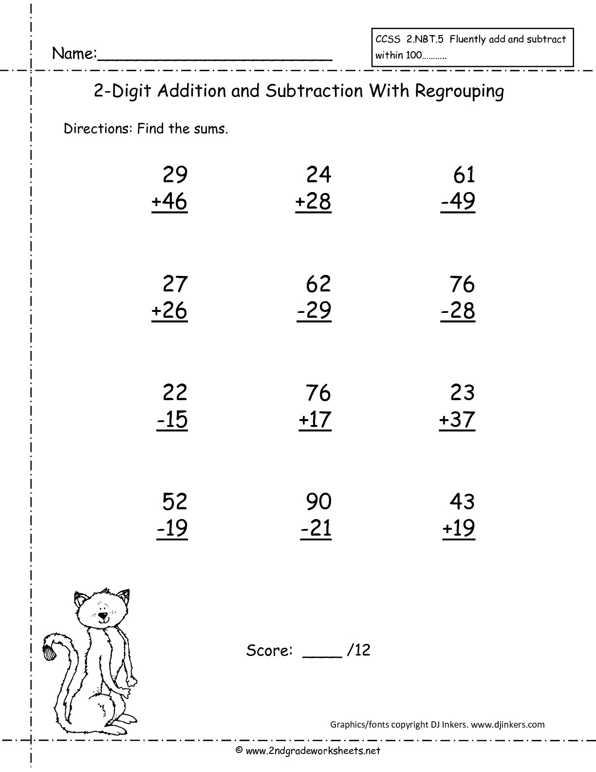 Ccss 2.nbt.5 Worksheets. Two Digit Addition And Subtraction Within - Free Printable Double Digit Addition And Subtraction Worksheets