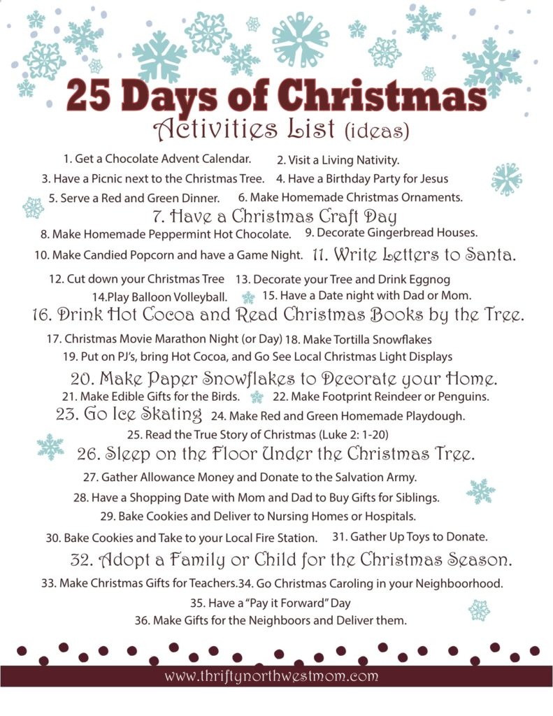 Celebrating The 25 Days Of Christmas ~ Activities List - Christmas - Free Printable Christmas Activities