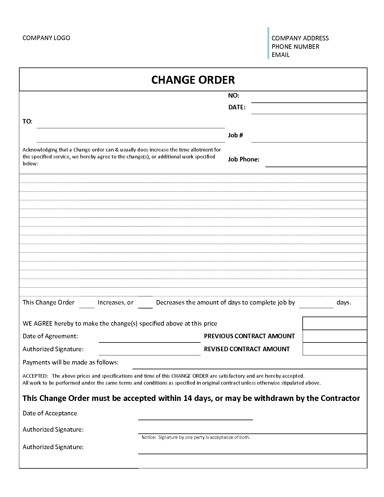 Change Order Form Template | Harley Special - Change Order Form - Free Printable Construction Contracts
