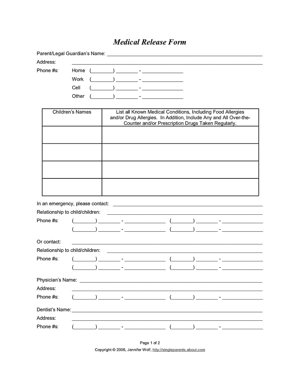 Child Medical Release Form - Free Printable Medical Release Form