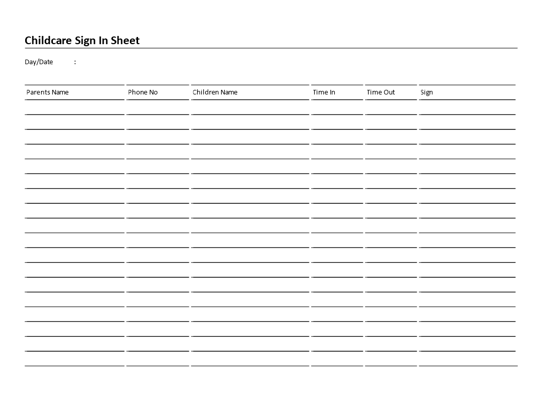 Childcare Sign-In Sheet 6 Columns Landscape - Download This Free - Free Printable Sign In Sheet