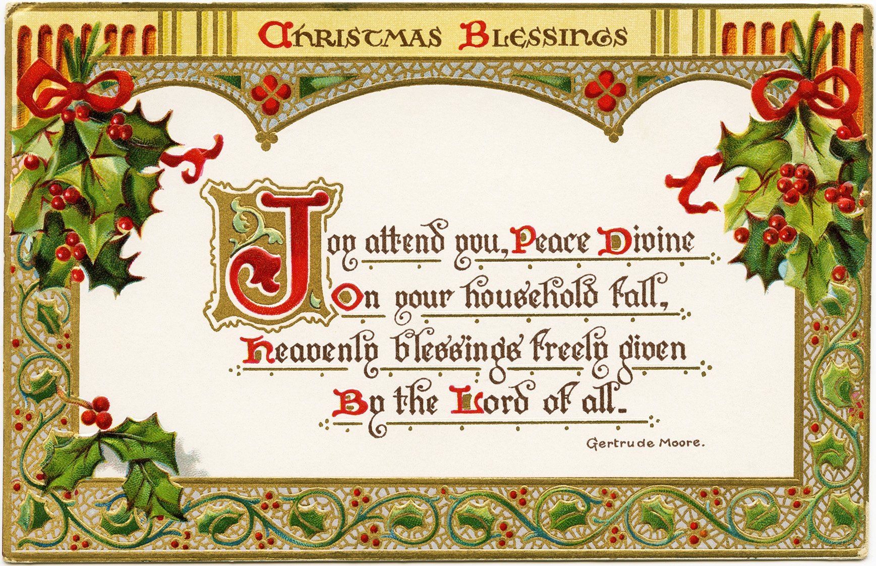 Christmas Blessings ~ Free Vintage Postcard Graphic - Old Design - Free Printable Christian Christmas Greeting Cards