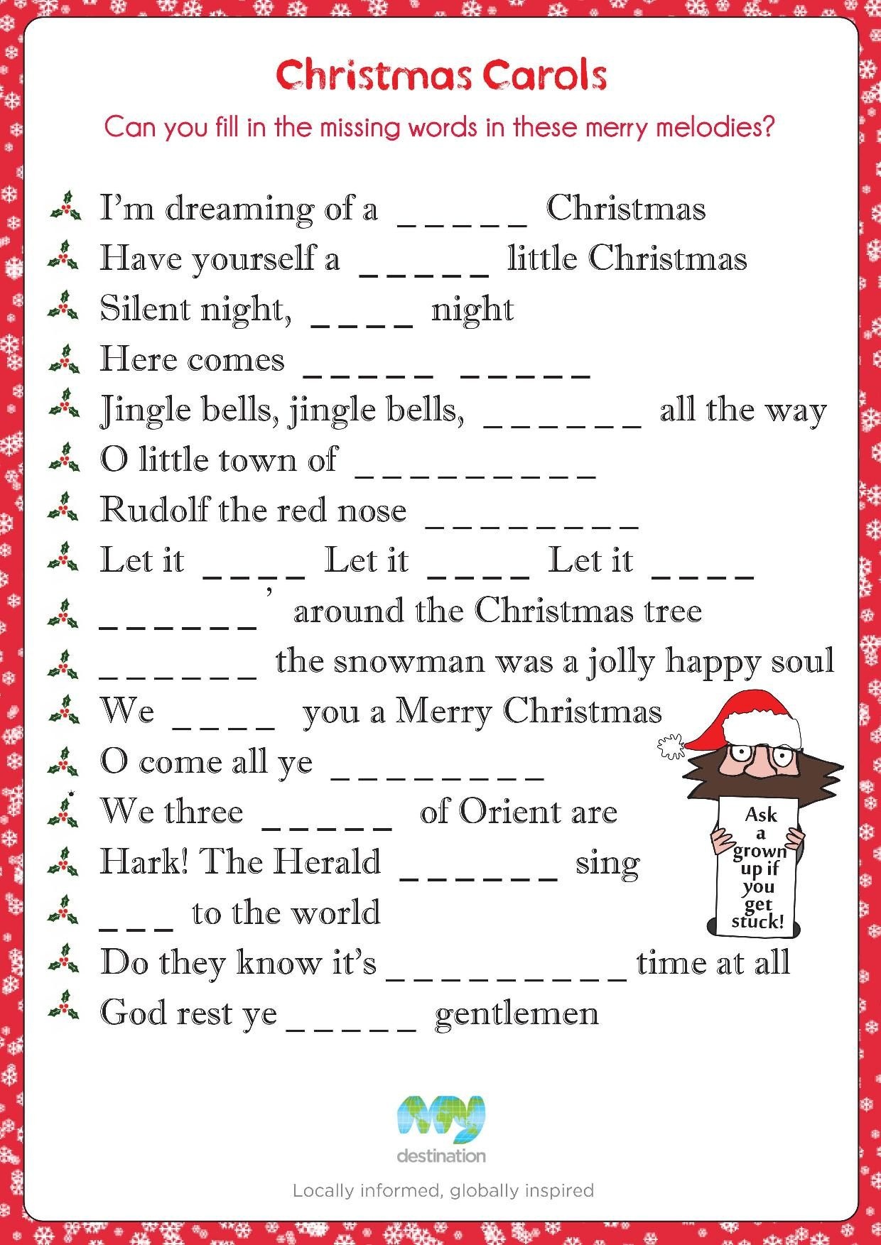 Christmas Carol Fill In The Blanks. Download This Puzzle For Free At - Christmas Song Lyrics Game Free Printable