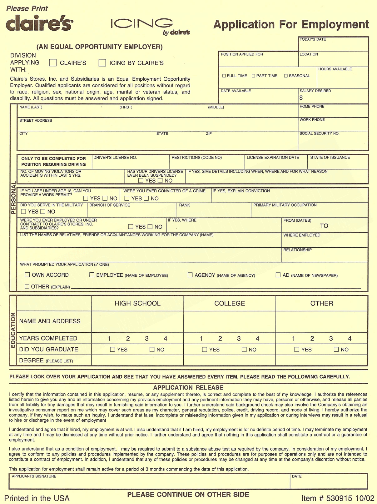 Claire&amp;#039;s Application Print Out | Claire&amp;#039;s Employment Application - Free Printable Dollar Tree Application Form
