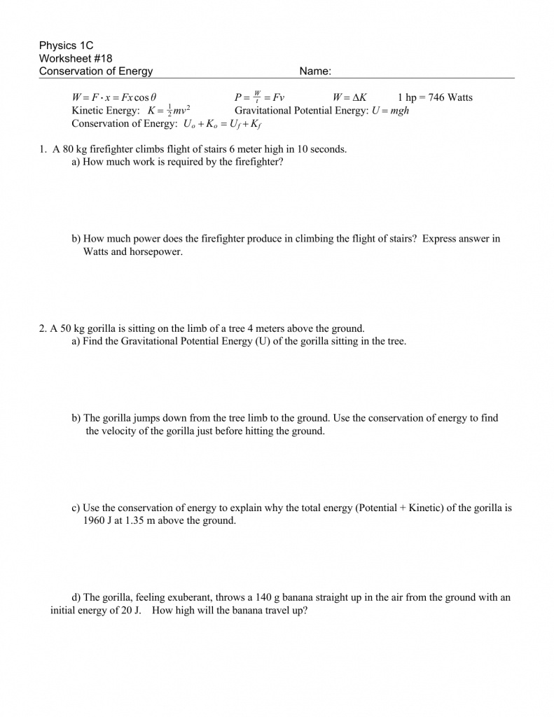 Conservation Of Energy Worksheet Answers - Soccerphysicsonline - Free Printable Worksheets On Potential And Kinetic Energy