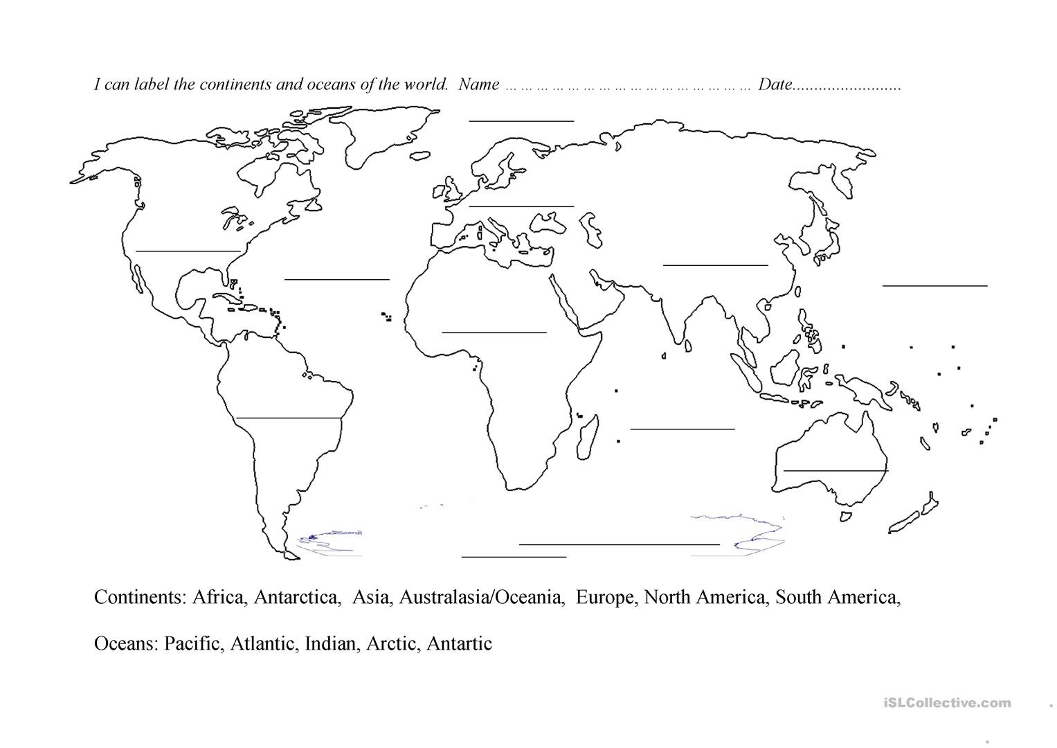 Continents And Oceans Blank Map Worksheet - Free Esl Printable - Free Printable Map Of Continents And Oceans