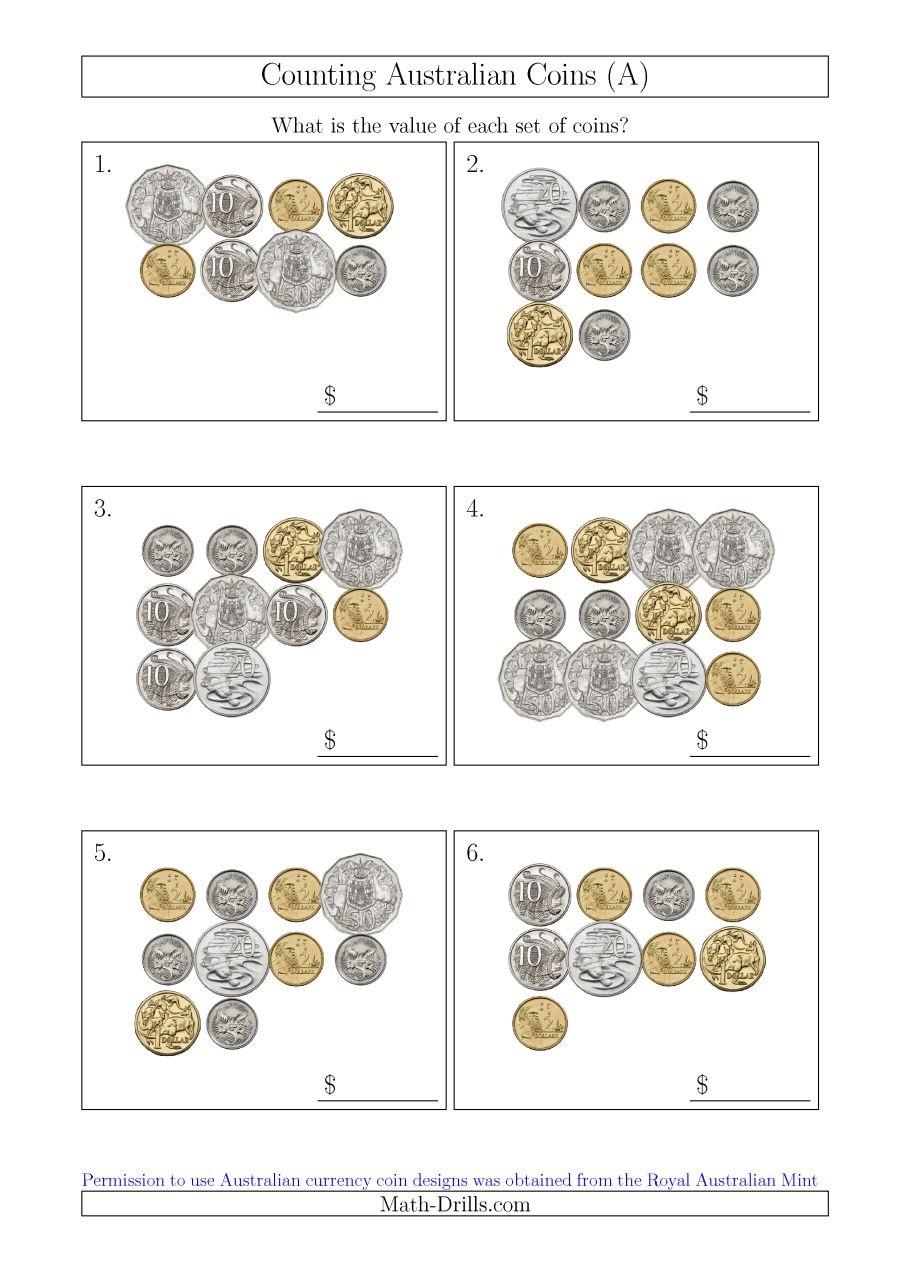 Counting Australian Coins (A) - Free Printable Money Worksheets Australia