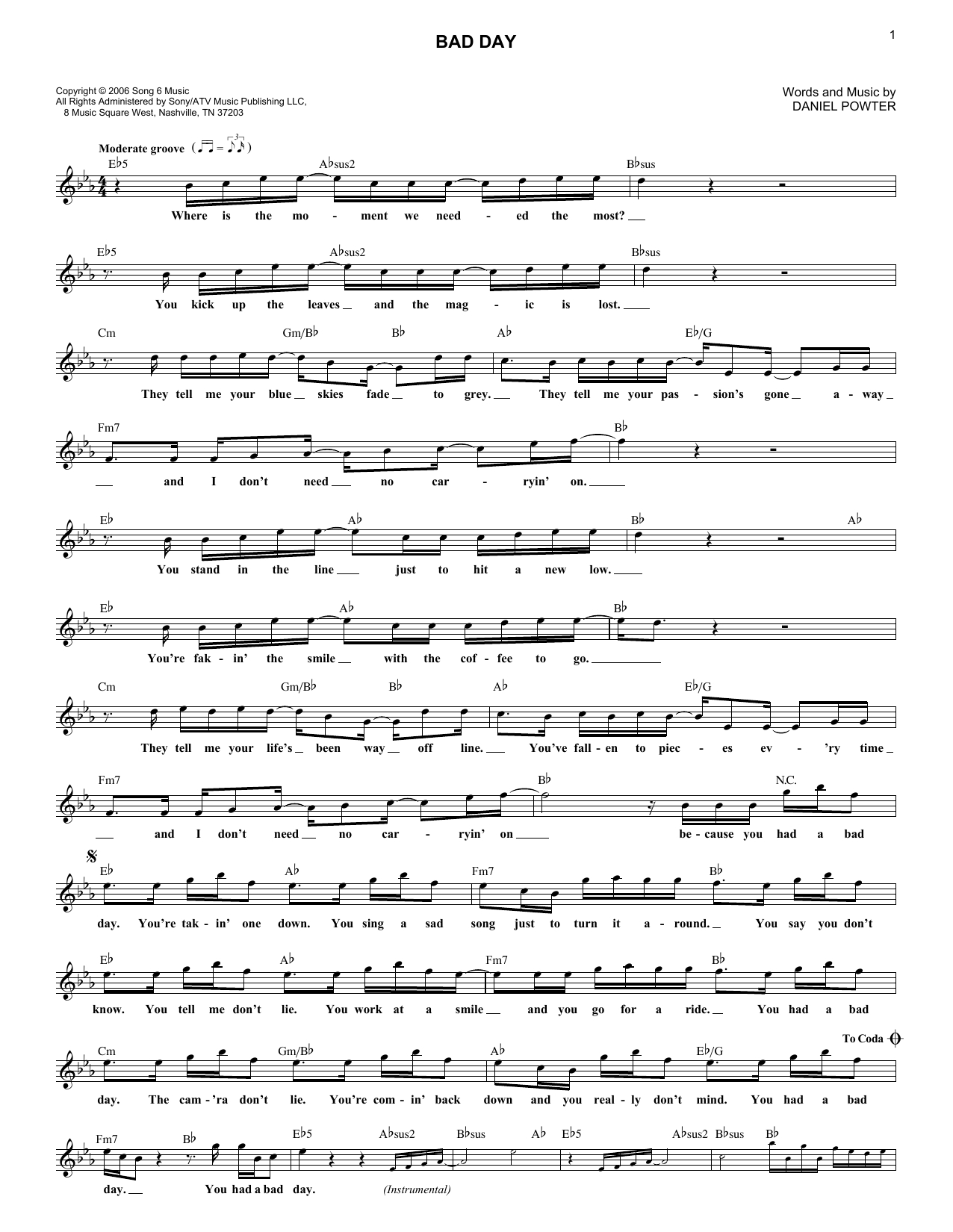 Daniel Powter Bad Day Sheet Music Notes, Chords | Download Rock - Bad Day Piano Sheet Music Free Printable