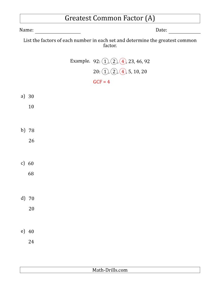Determining Greatest Common Factors Of Sets Of Two Numbers From 4 To - Free Printable Greatest Common Factor Worksheets