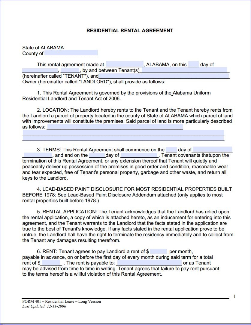 Printable Alabama Residential Lease Agreement