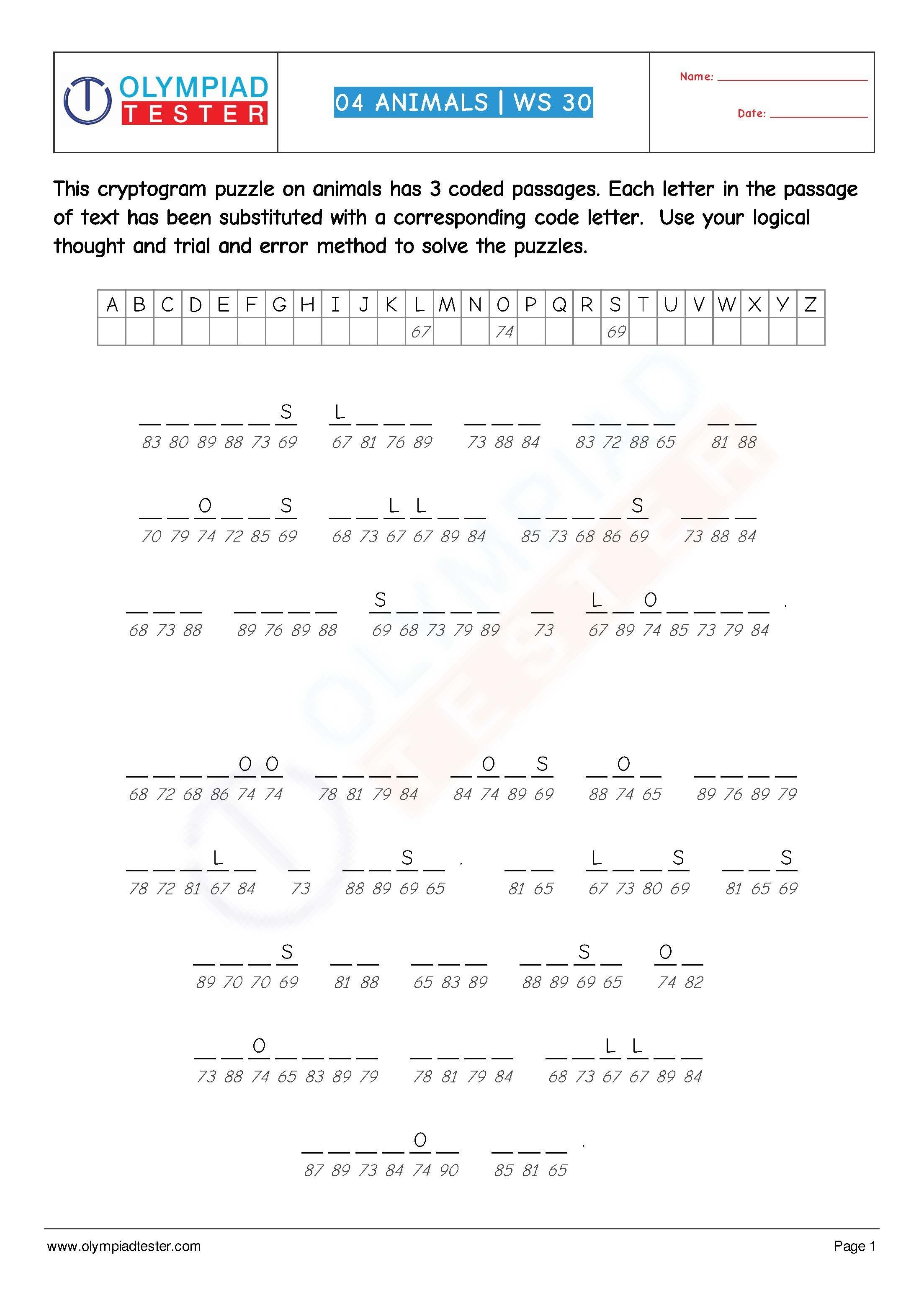 Download Grade 4 Science Worksheet (Cryptogram) On &amp;quot;animals&amp;quot; For - Free Printable Cryptograms Pdf