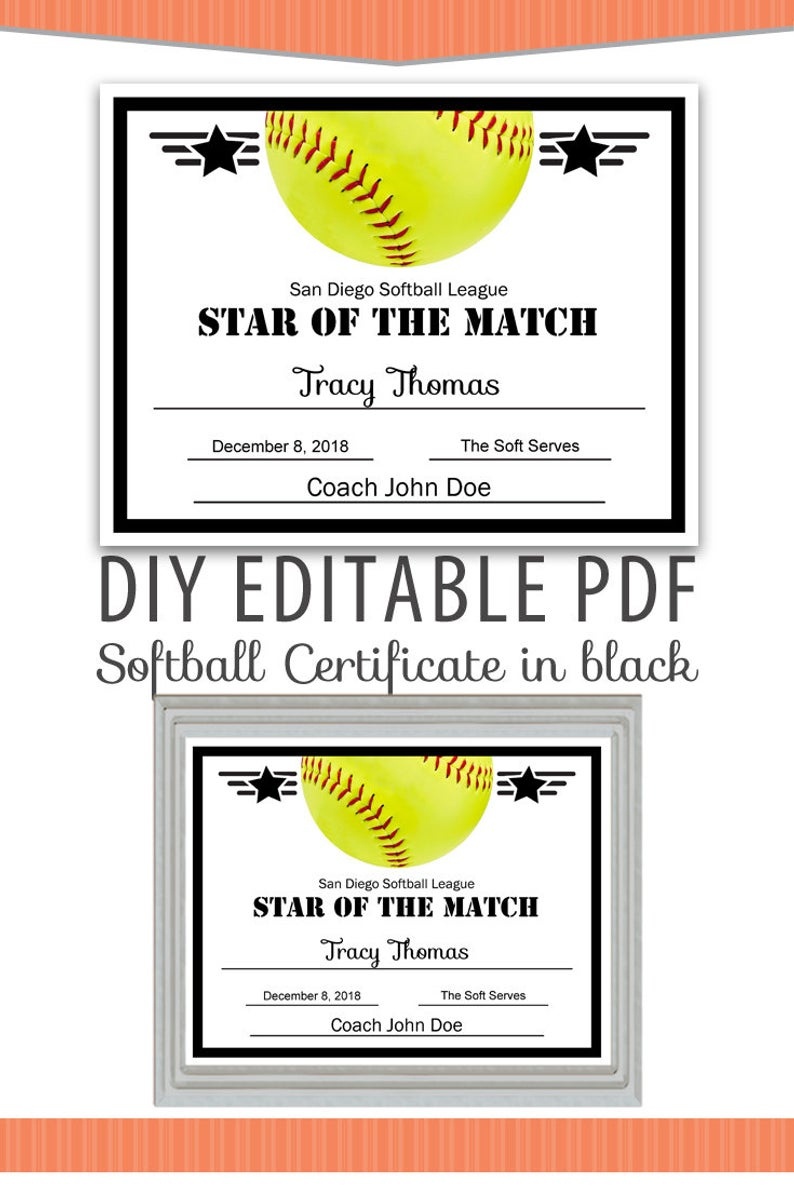 Editable Pdf Sports Team Softball Certificate Diy Award | Etsy - Free Printable Softball Certificates