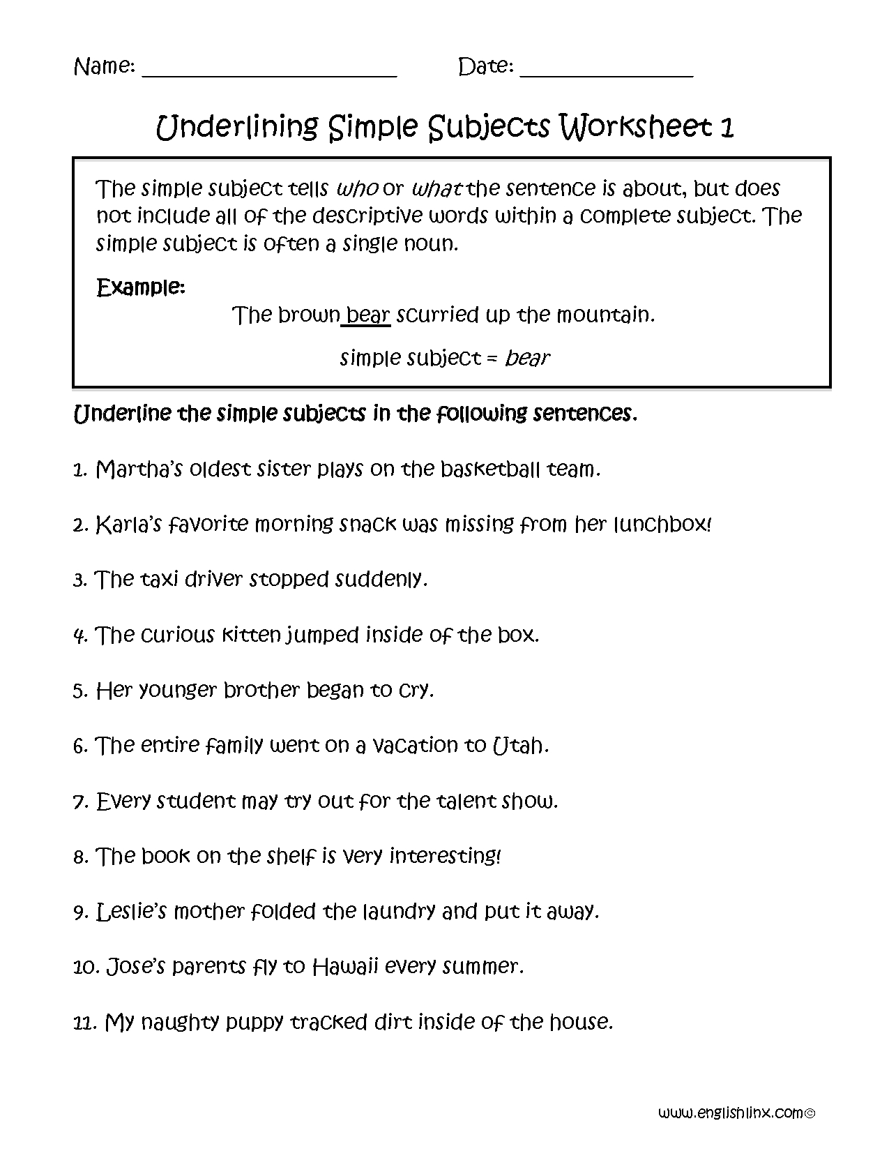 simple subject and simple predicate quiz