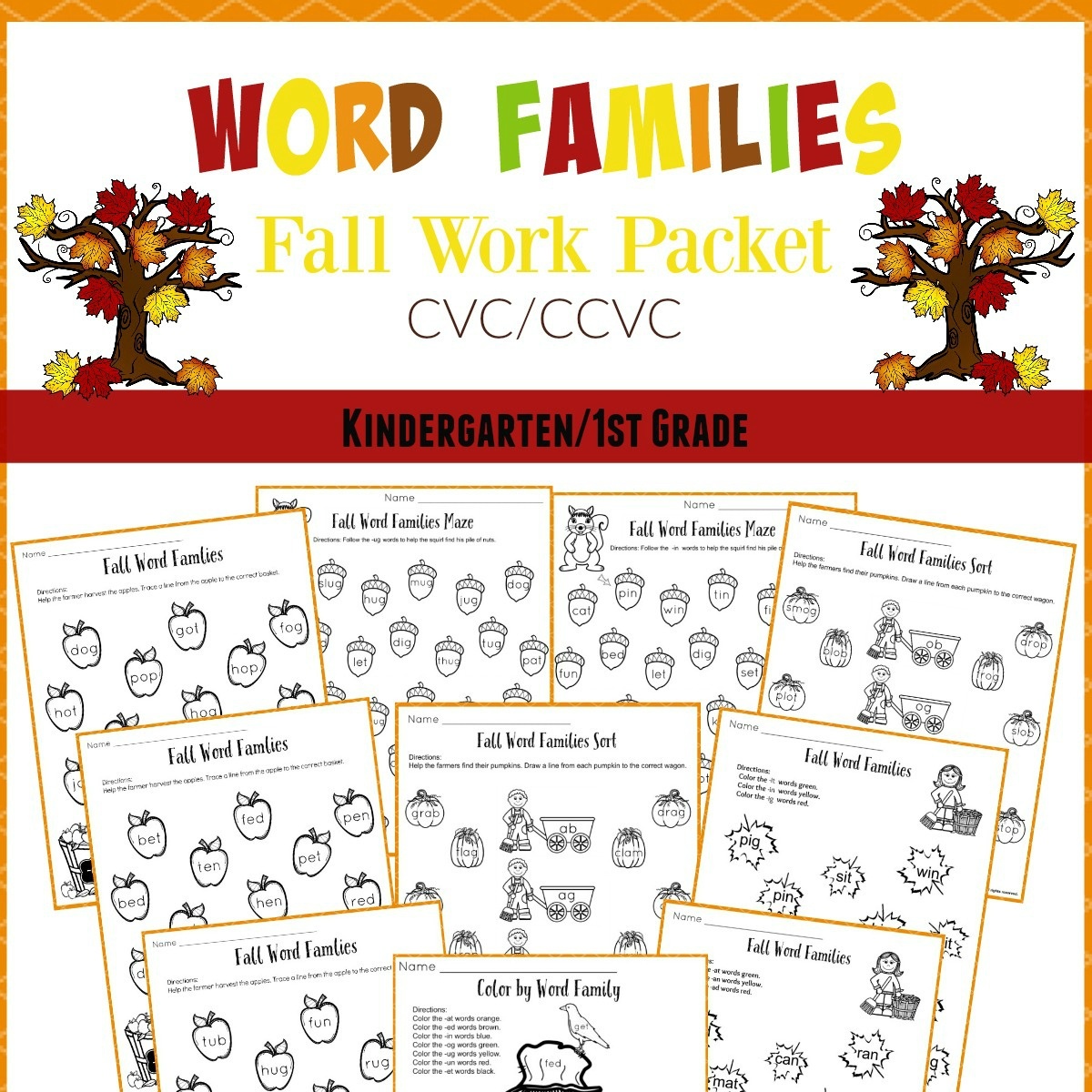 Fall Word Families Worksheets For Kindergarten Or 1St Grade - Free Printable Word Family Worksheets For Kindergarten