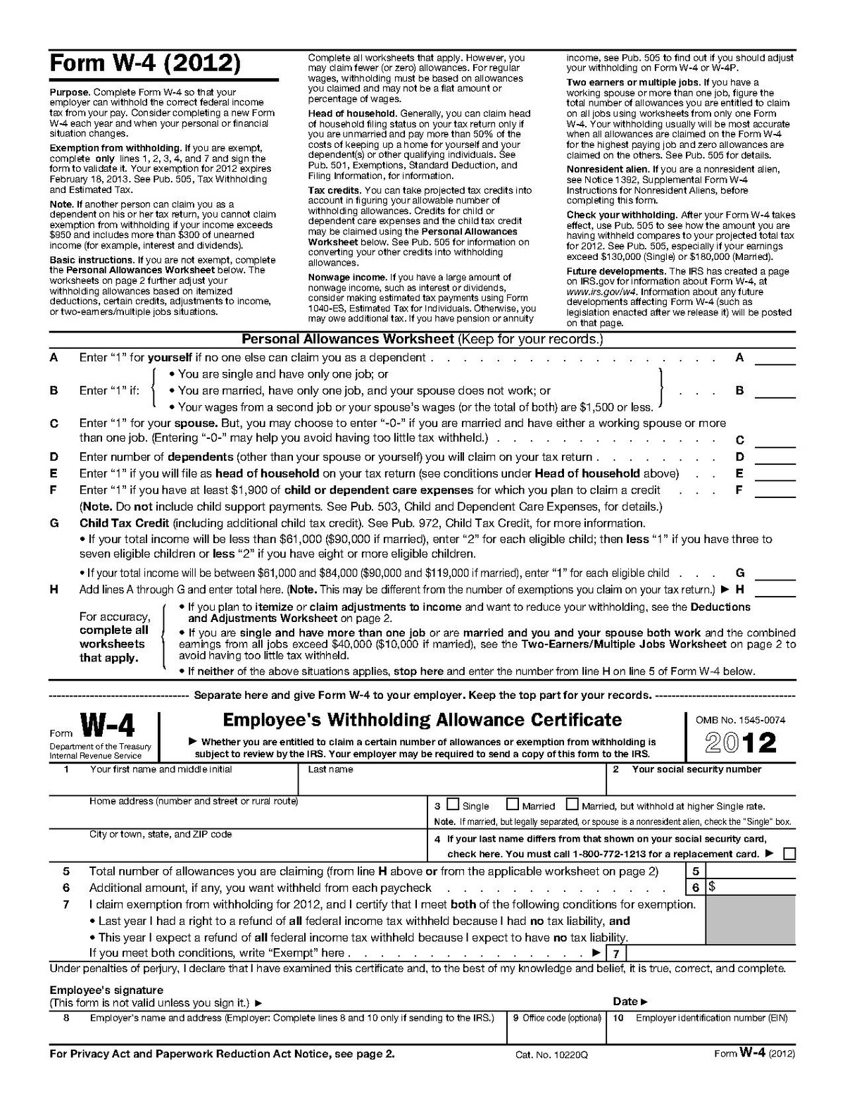 Form W-4 - Wikipedia - Free Printable W 4 Form