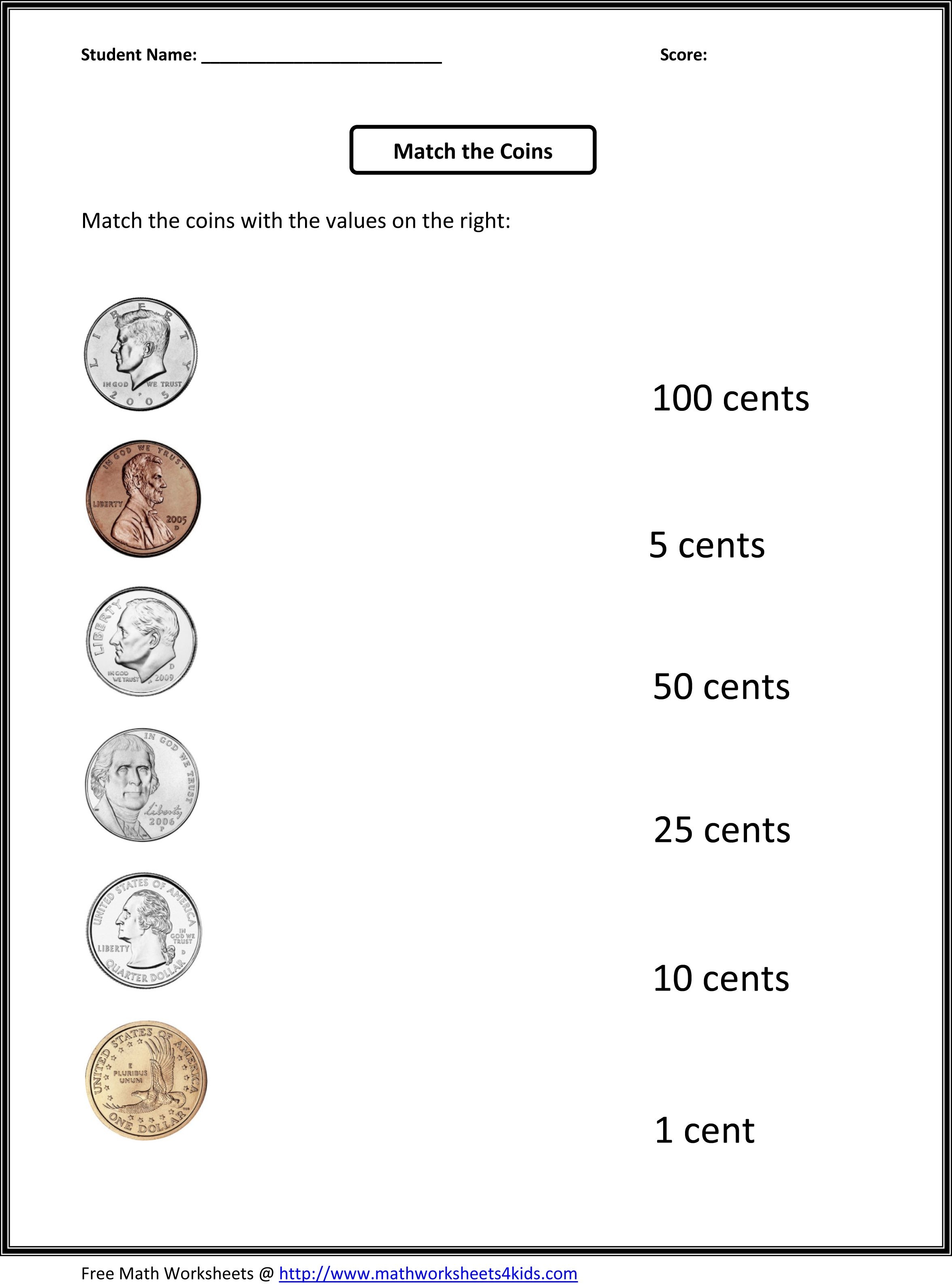 Free 1St Grade Worksheets | Match The Coins And Its Values - Free Printable Money Worksheets For 1St Grade