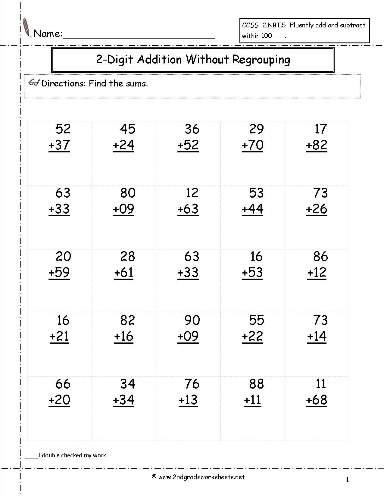 Free Addition Printable Worksheets | Two Digit Addition With No - Free Printable Double Digit Addition And Subtraction Worksheets