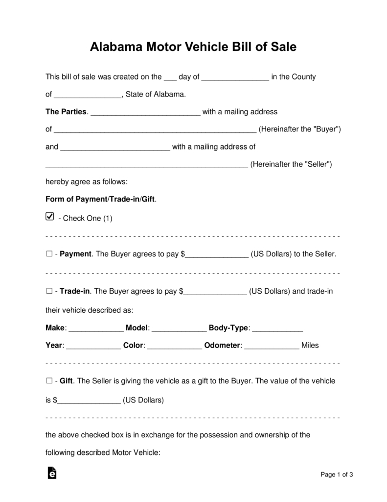 Free Alabama Motor Vehicle Bill Of Sale Form - Word | Pdf | Eforms - Free Printable Automobile Bill Of Sale Template