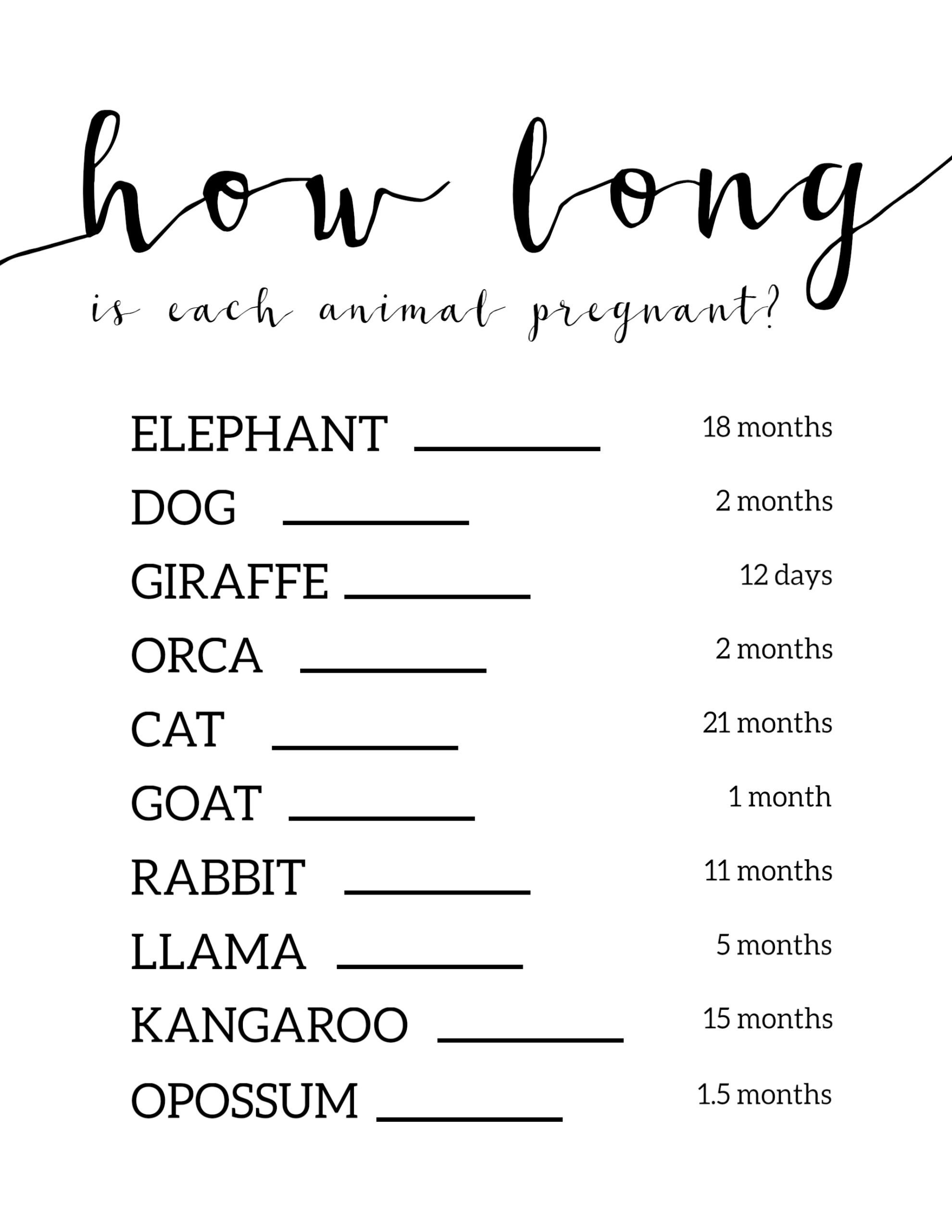 Free Baby Shower Games Printable {Animal Pregnancies} - Paper Trail - Free Printable Baby Shower Games For Large Groups