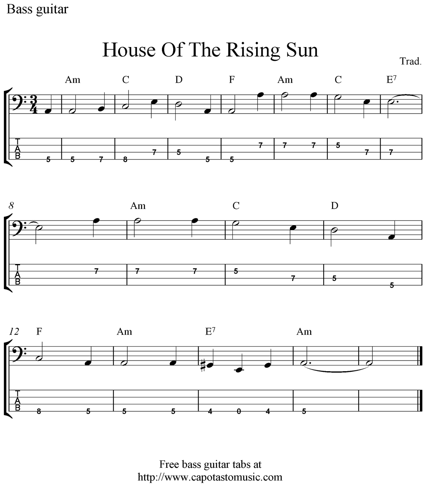 Free Beginner Guitar Sheet Music | Free Bass Tab Sheet Music, House - Free Printable Guitar Tabs For Beginners