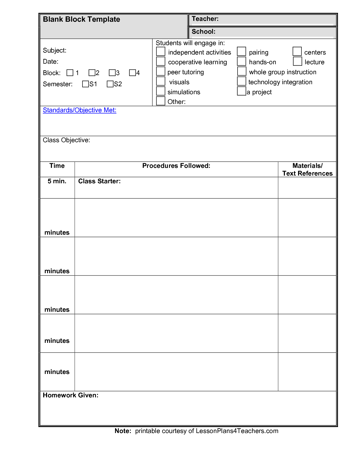 Blank Lesson Plan Template Word