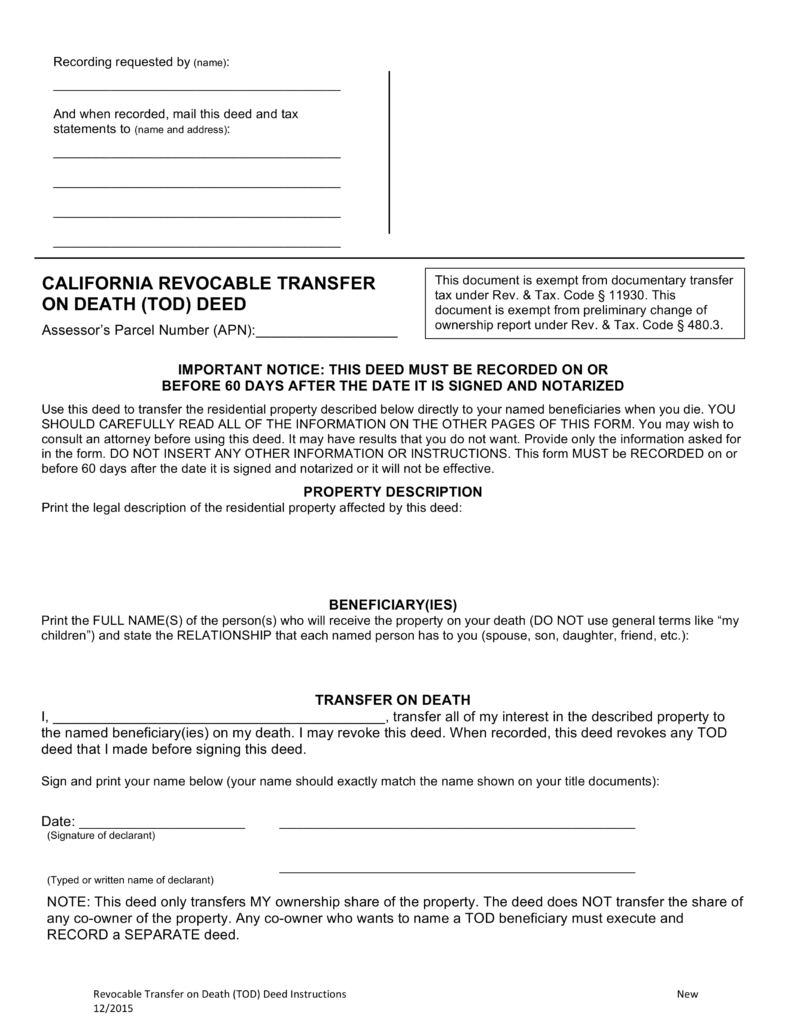 Free California Revocable Transfer On Death (Tod) Deed Form - Word - Free Printable Beneficiary Deed