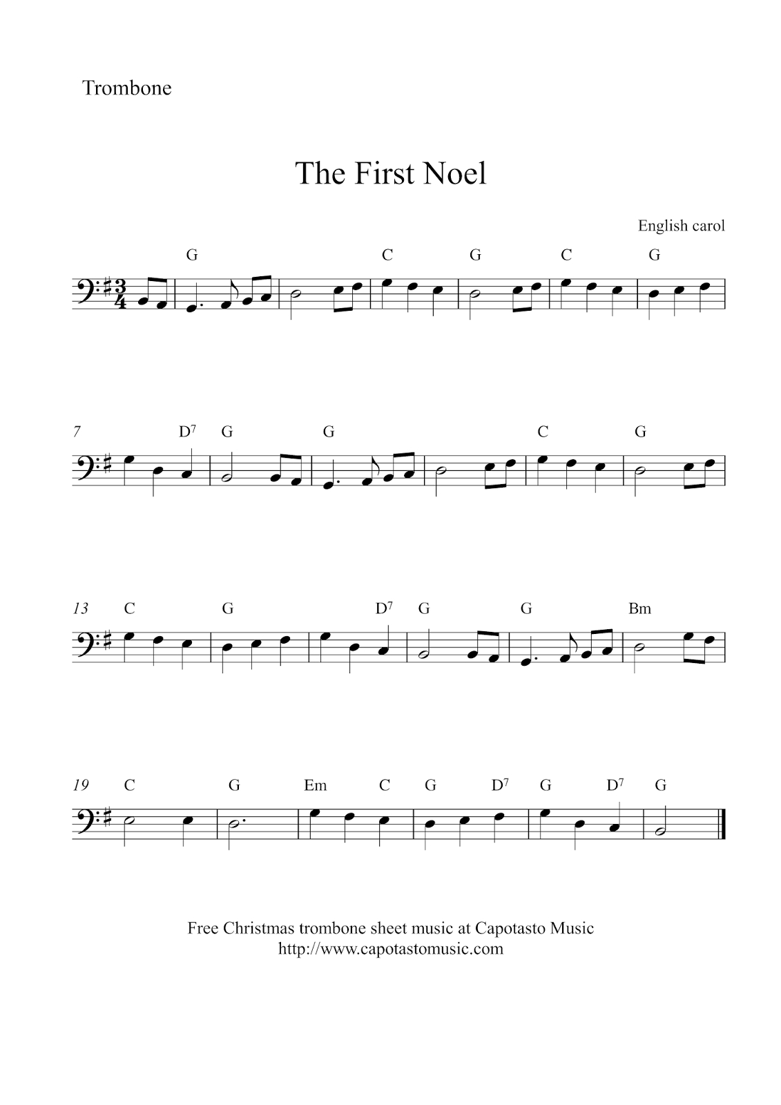 Free Christmas Trombone Sheet Music - The First Noel - Trombone Christmas Sheet Music Free Printable