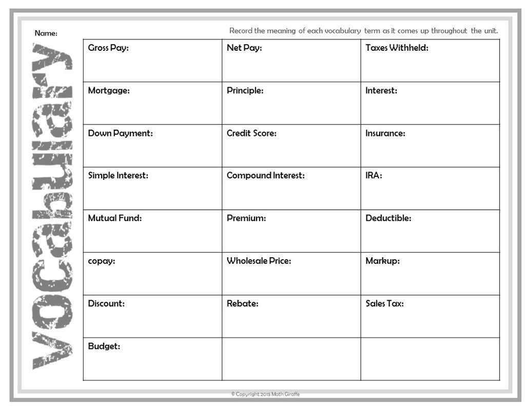 Free Download - Vocabulary For Financial Literacy | 7Th Grade Math - Free Printable 7Th Grade Vocabulary Worksheets