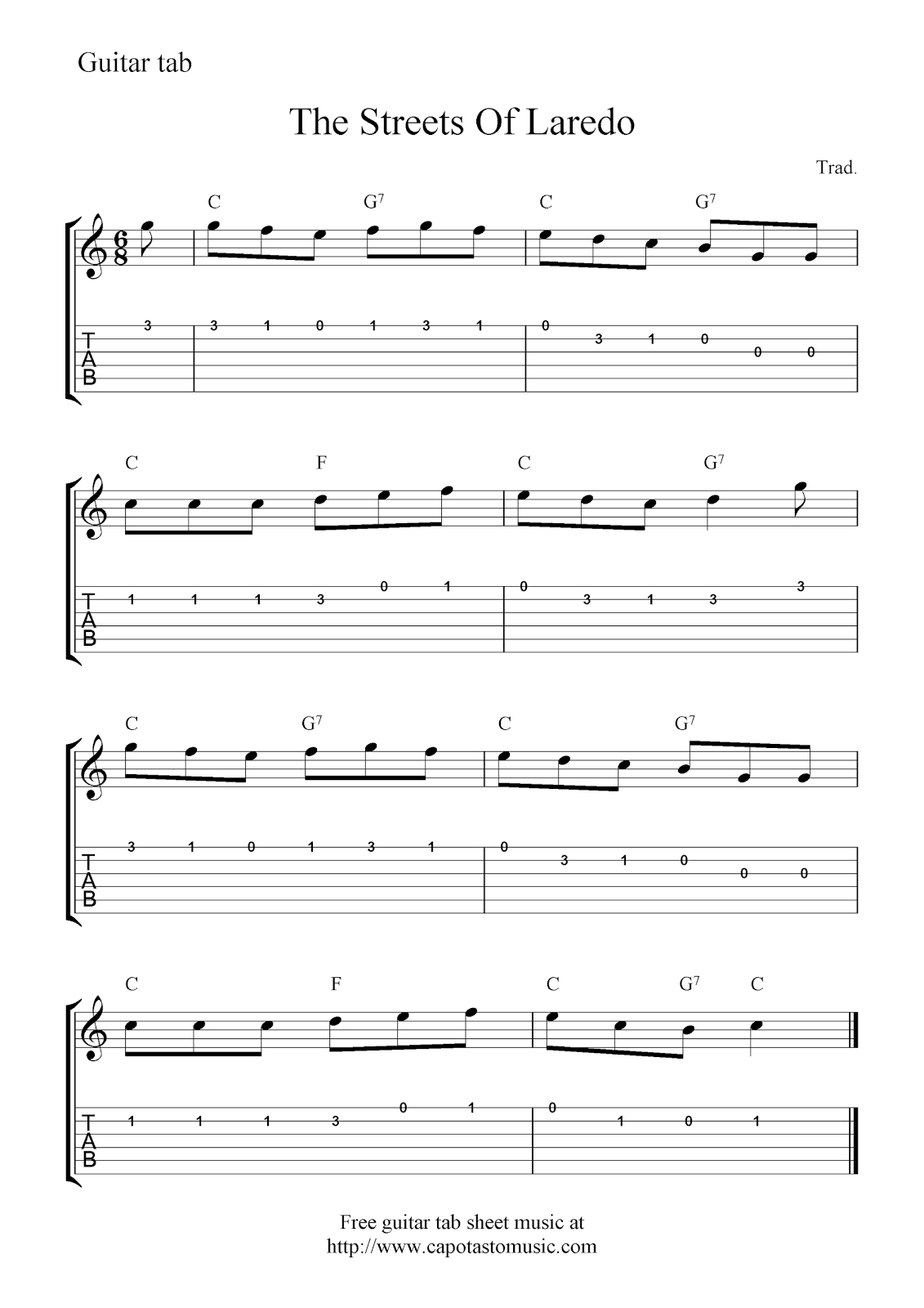 Free Easy Guitar Tabs Sheet Music Score, The Streets Of Laredo - Free Printable Guitar Music