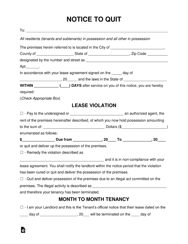Free Eviction Notice Forms - Notices To Quit - Pdf | Word | Eforms - Free Printable Blank Eviction Notice