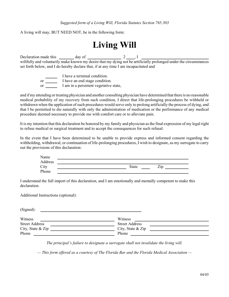 Free Florida Living Will Form - Pdf | Eforms – Free Fillable Forms - Free Printable Last Will And Testament Blank Forms Florida