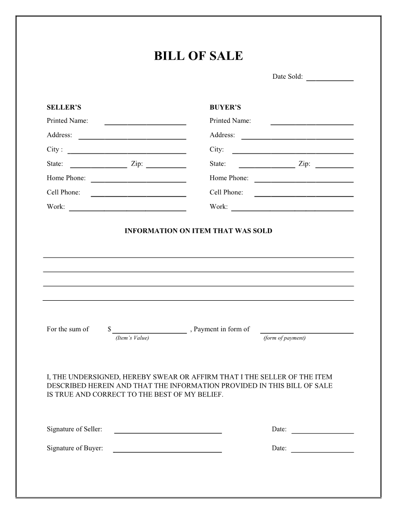 Free General Bill Of Sale Form - Download Pdf | Word - Free Printable Generic Bill Of Sale