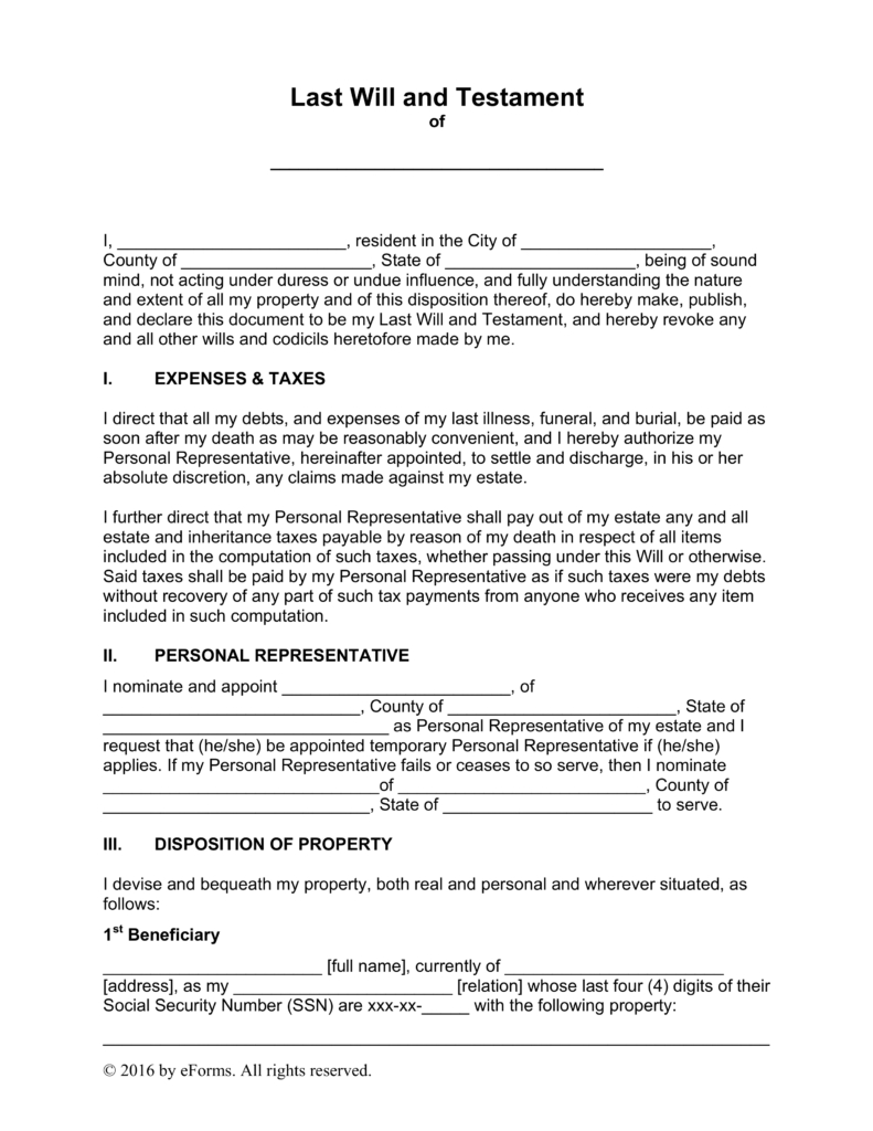 Free Last Will And Testament Templates - A “Will” - Pdf | Word - Free Printable Last Will And Testament Blank Forms Florida