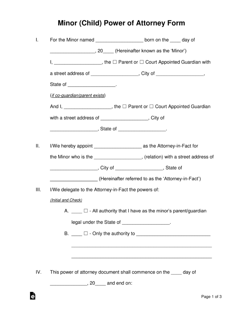 Free Minor (Child) Power Of Attorney Forms - Pdf | Word | Eforms - Free Printable Power Of Attorney Form Washington State