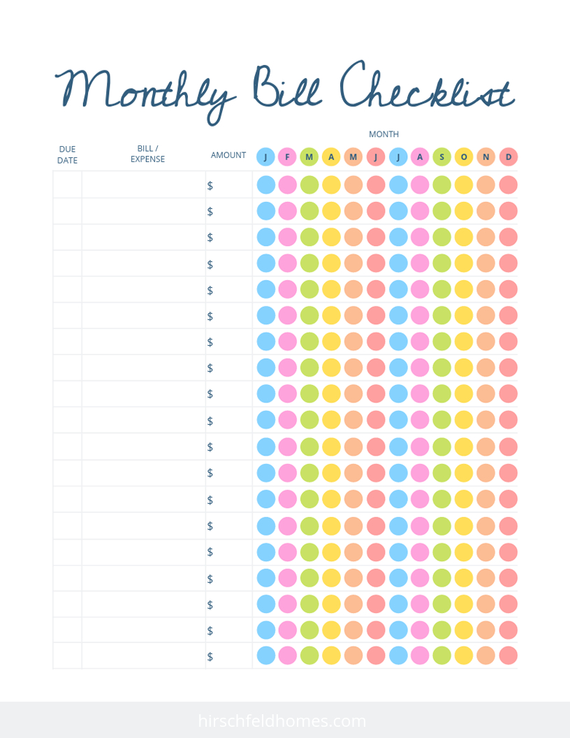 Free Monthly Bill Checklist | Hirschfeld Apartments - Free Printable Monthly Bill Checklist