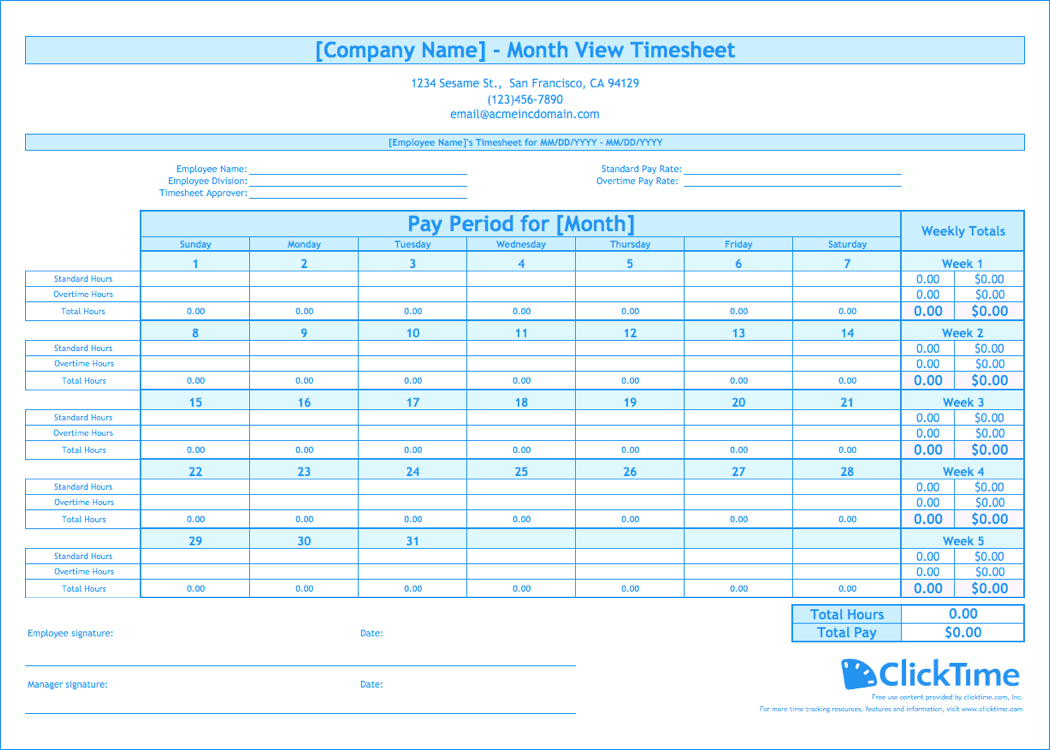 Free Monthly Timesheet Template | Clicktime - Free Printable Weekly Time Sheets