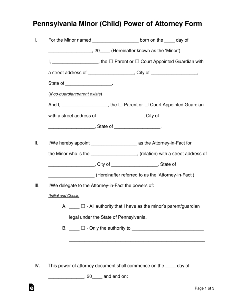 Free Pennsylvania Guardian Of Minor Power Of Attorney Form - Word - Free Printable Guardianship Forms