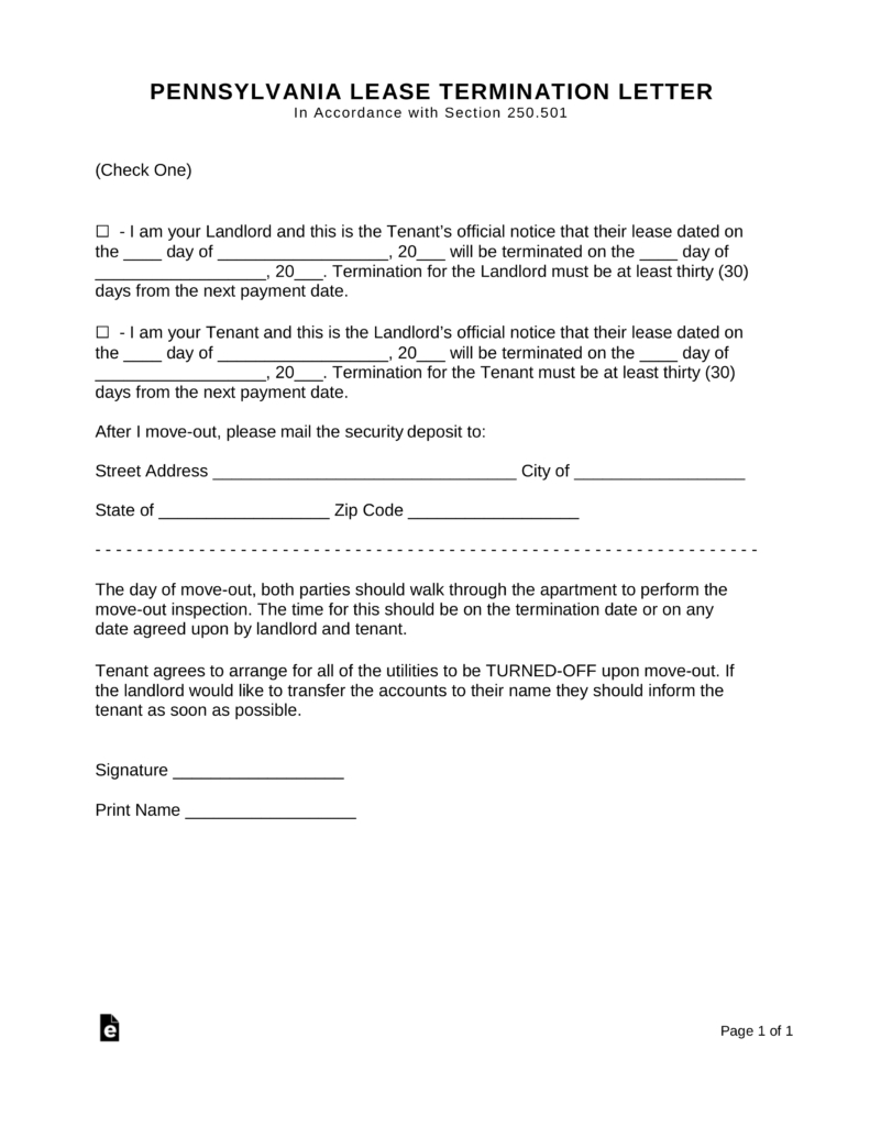Free Pennsylvania Lease Termination Letter Form | 30 Days Notice - Free Printable Eviction Notice Pa