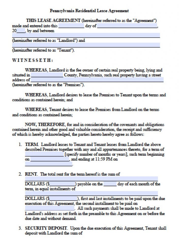 Free Printable Lease Agreement Pa