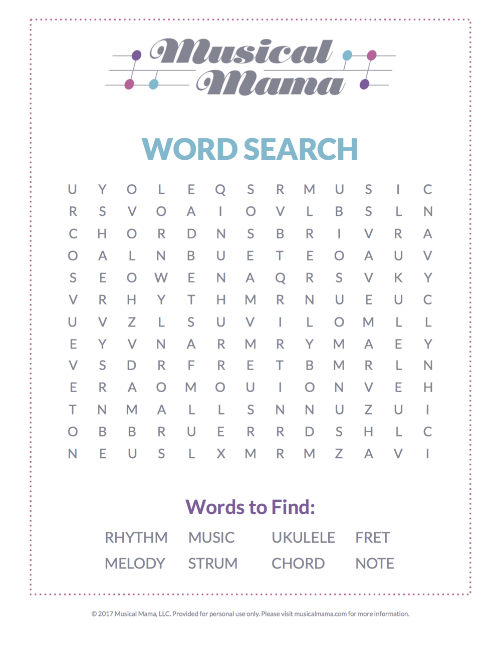 Music Word Search Printable