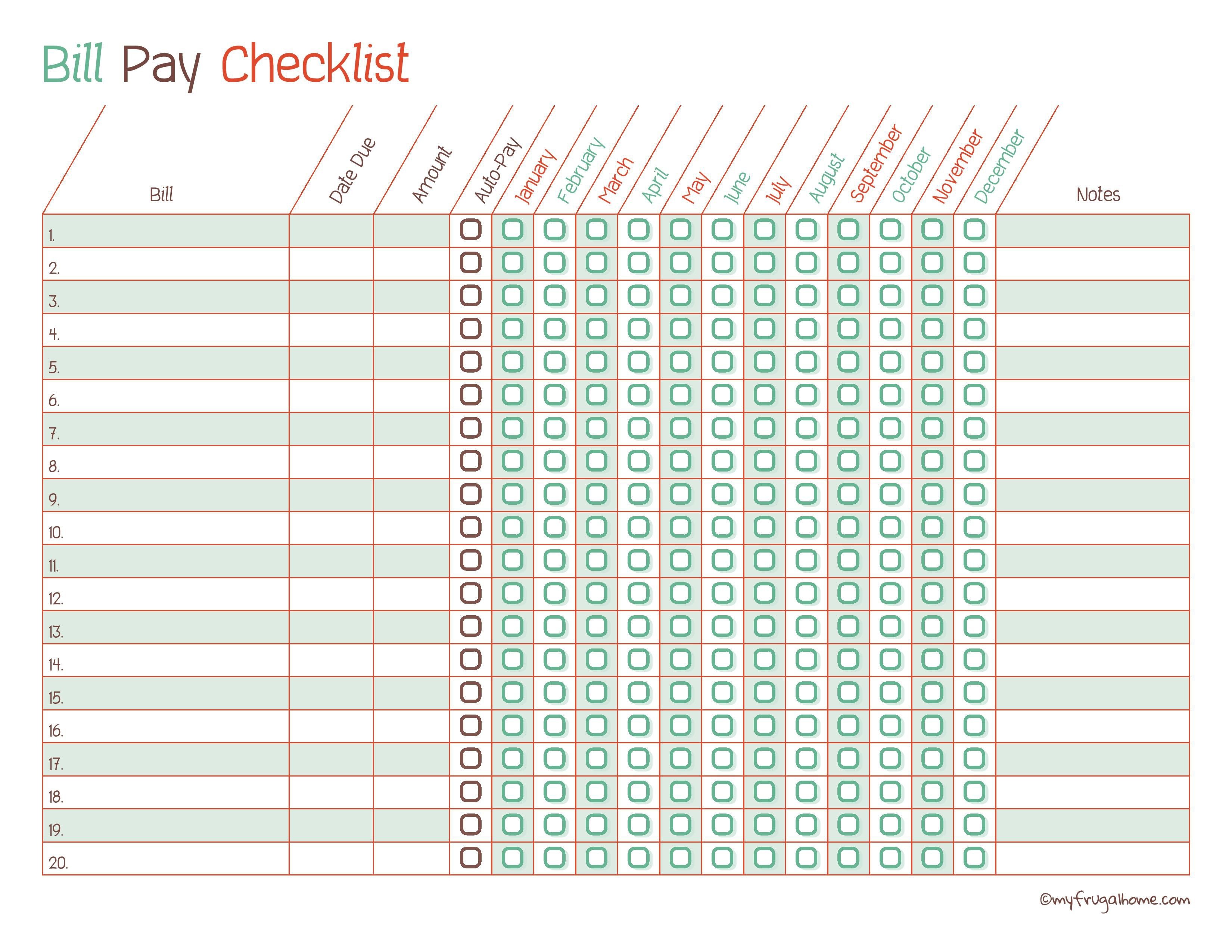 Monthly Bill Pay Checklist Free Printable $ Saving Money Free