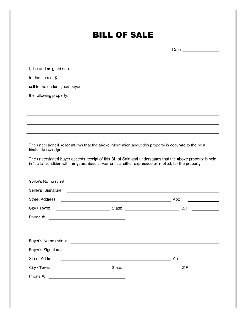 Free Printable Blank Bill Of Sale Form Template - As Is Bill Of Sale - Free Printable Texas Bill Of Sale Form