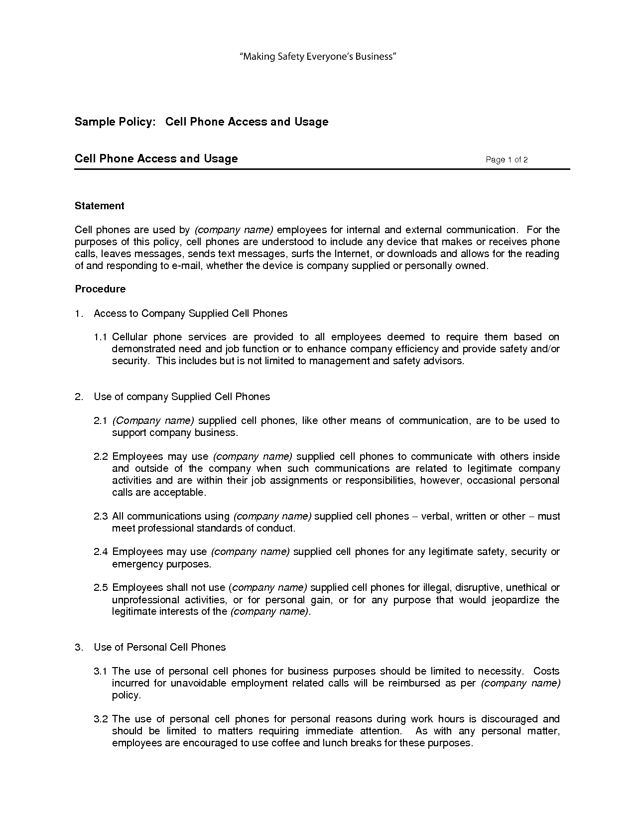 Employee Cell Phone Policy Template