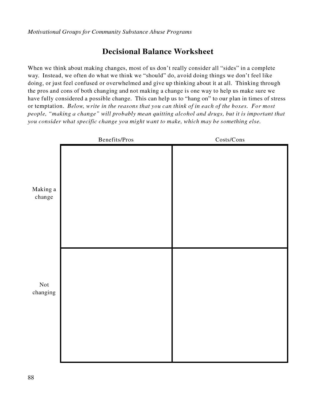 Free Printable Dbt Worksheets | Decisional Balance Worksheet - Pdf - Free Printable Counseling Worksheets