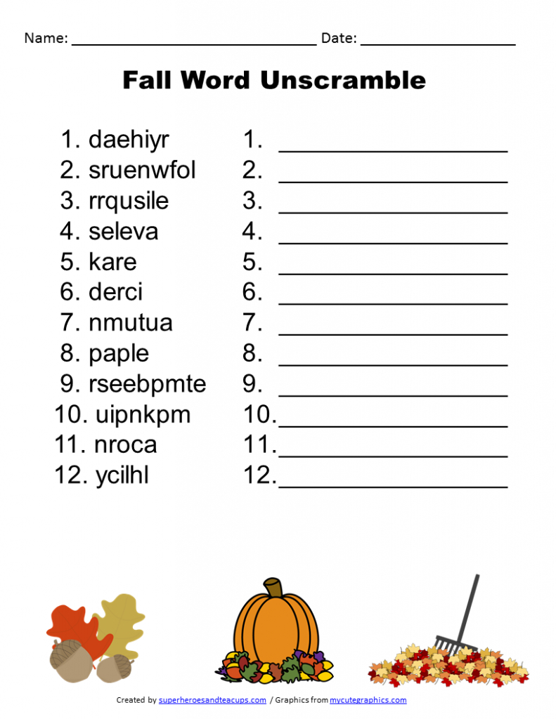 Free Printable - Fall Word Unscramble | Games For Senior Adults - Free Printable Word Jumble Puzzles For Adults