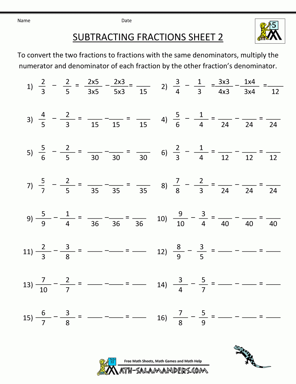 Free Printable Fraction Worksheets Subtracting Fractions 2 | Math - Free Printable Worksheets For 5Th Grade