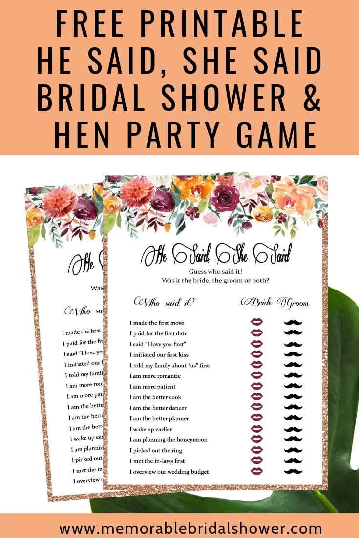 Free Printable He Said She Said Bridal Shower Game | Bridal Shower - He Said She Said Game Free Printable