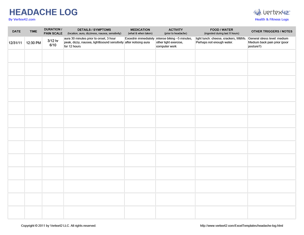 Free Printable Headache Log (Pdf) From Vertex42 | Migraine Log - Free Printable Headache Diary